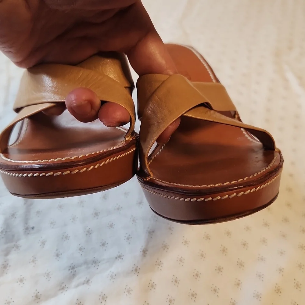 Yves Saint Laurent Tan Leather Cross-strap Heels Platform Slides Size 39/8.5